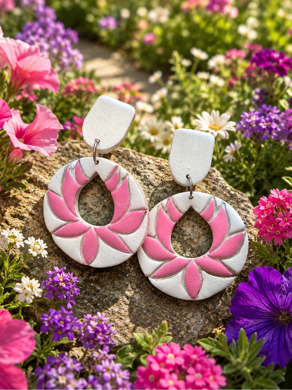 Pink & White Floral Hoop Drop Handmade Polymer Clay Earrings (hand painted)